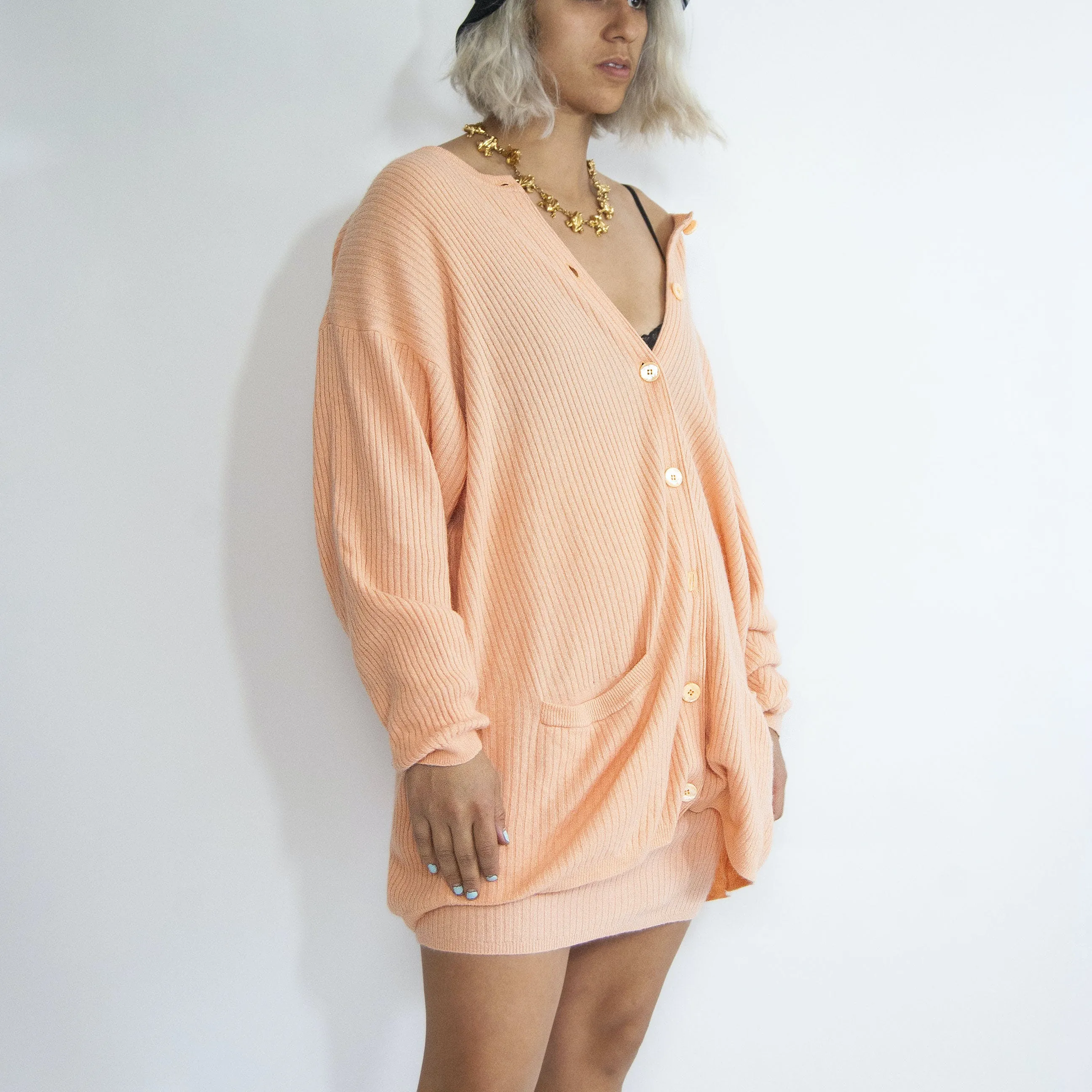 00's Peach Lambswool Angora Knit Skirt Suit by Sarah Loom