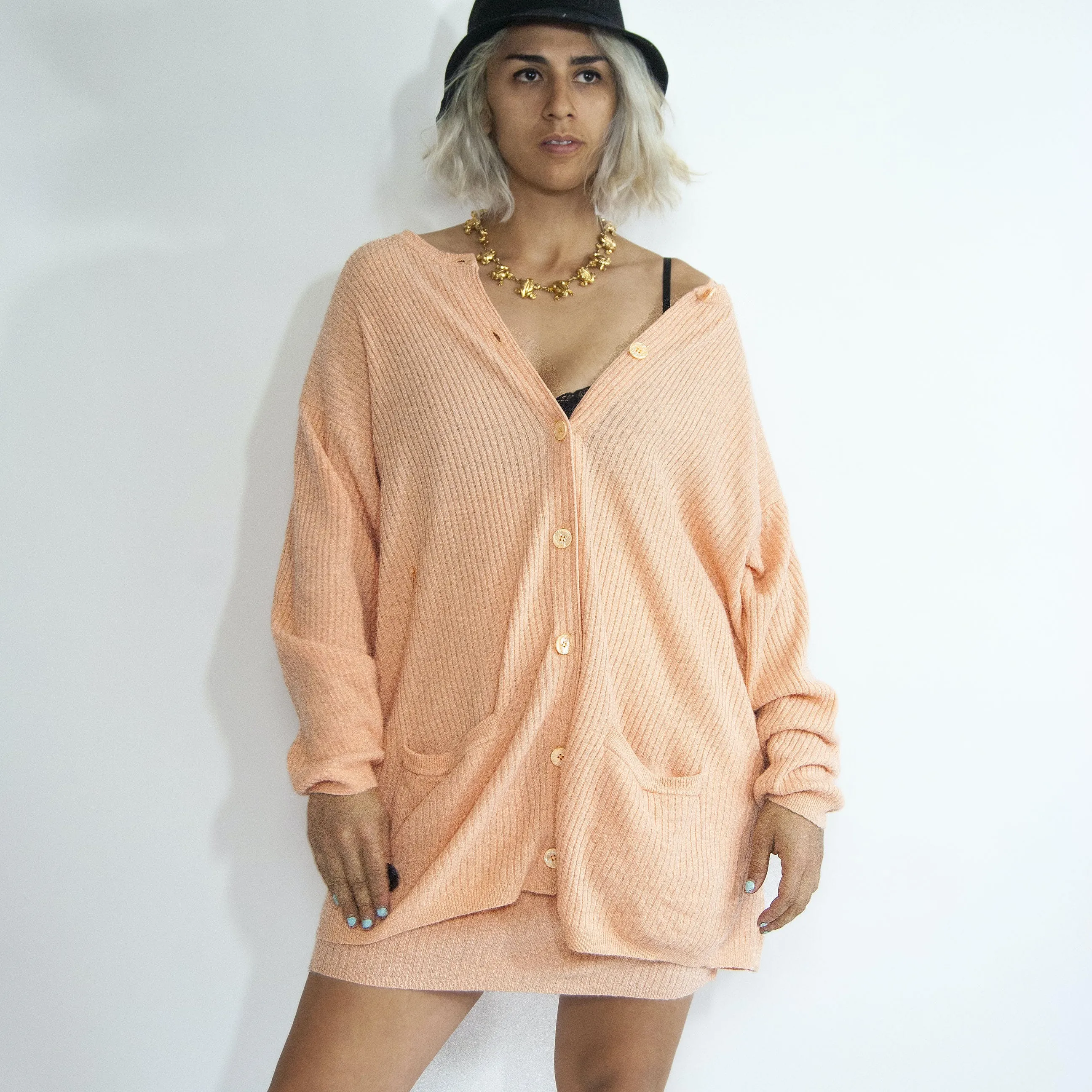 00's Peach Lambswool Angora Knit Skirt Suit by Sarah Loom