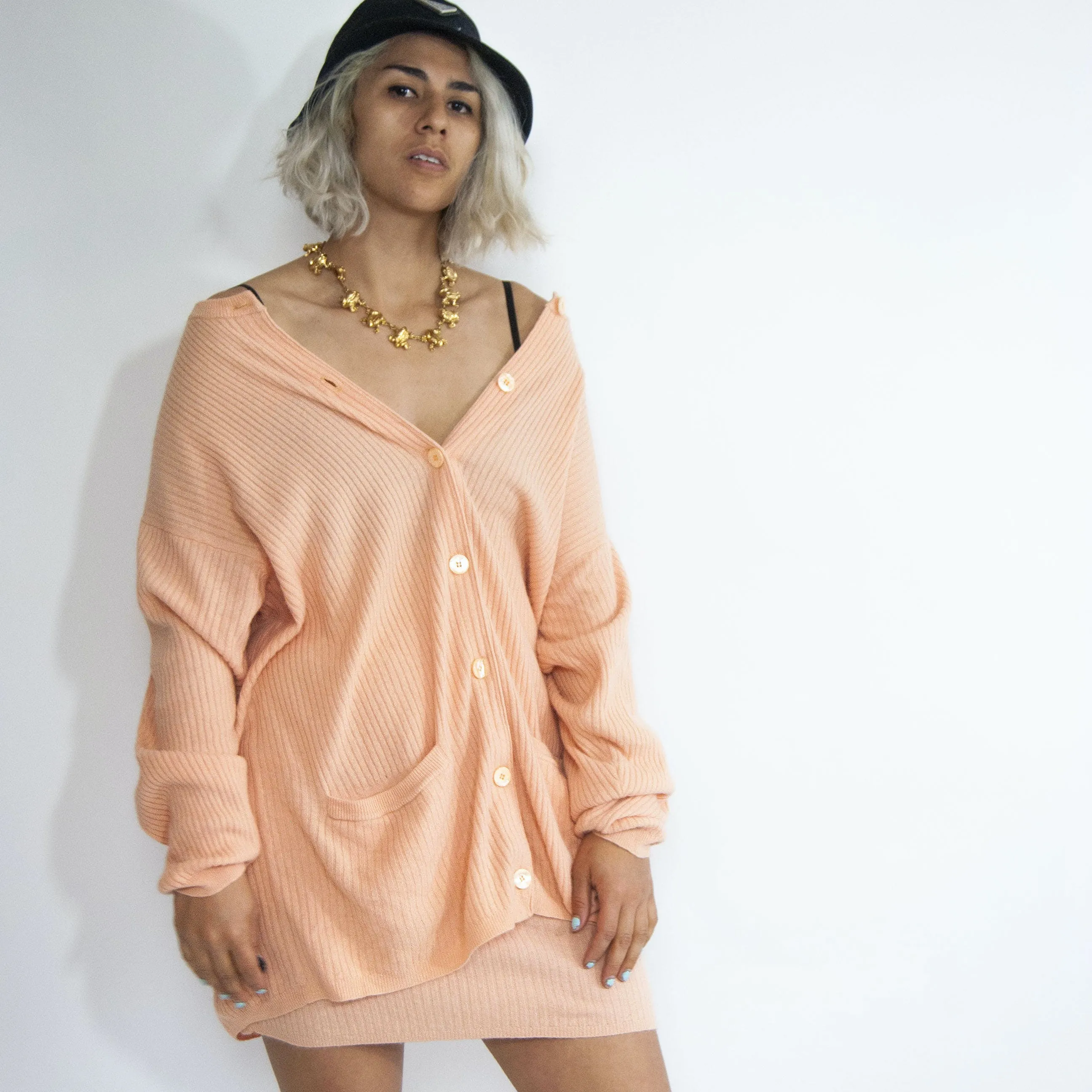 00's Peach Lambswool Angora Knit Skirt Suit by Sarah Loom