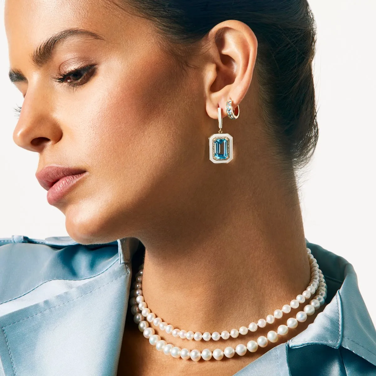 14KT White Gold Blue Topaz Huggie Earrings