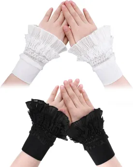 2 Pairs Floral Layered Cuff, Lace Wrist Cuffs Hand Sleeves Detachable, False Sleeves Wrist Cuffs, Lace Elastic Bracelet Wrist Cuff, Fake Sleeves Black White Lace Jabot Cuffs Costume Accessory