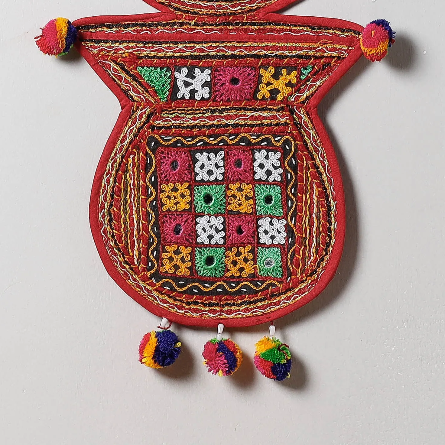 2 Pocket - Mirror Work Kutch Hand Embroidered Kalash Wall Hanging Letter Holder