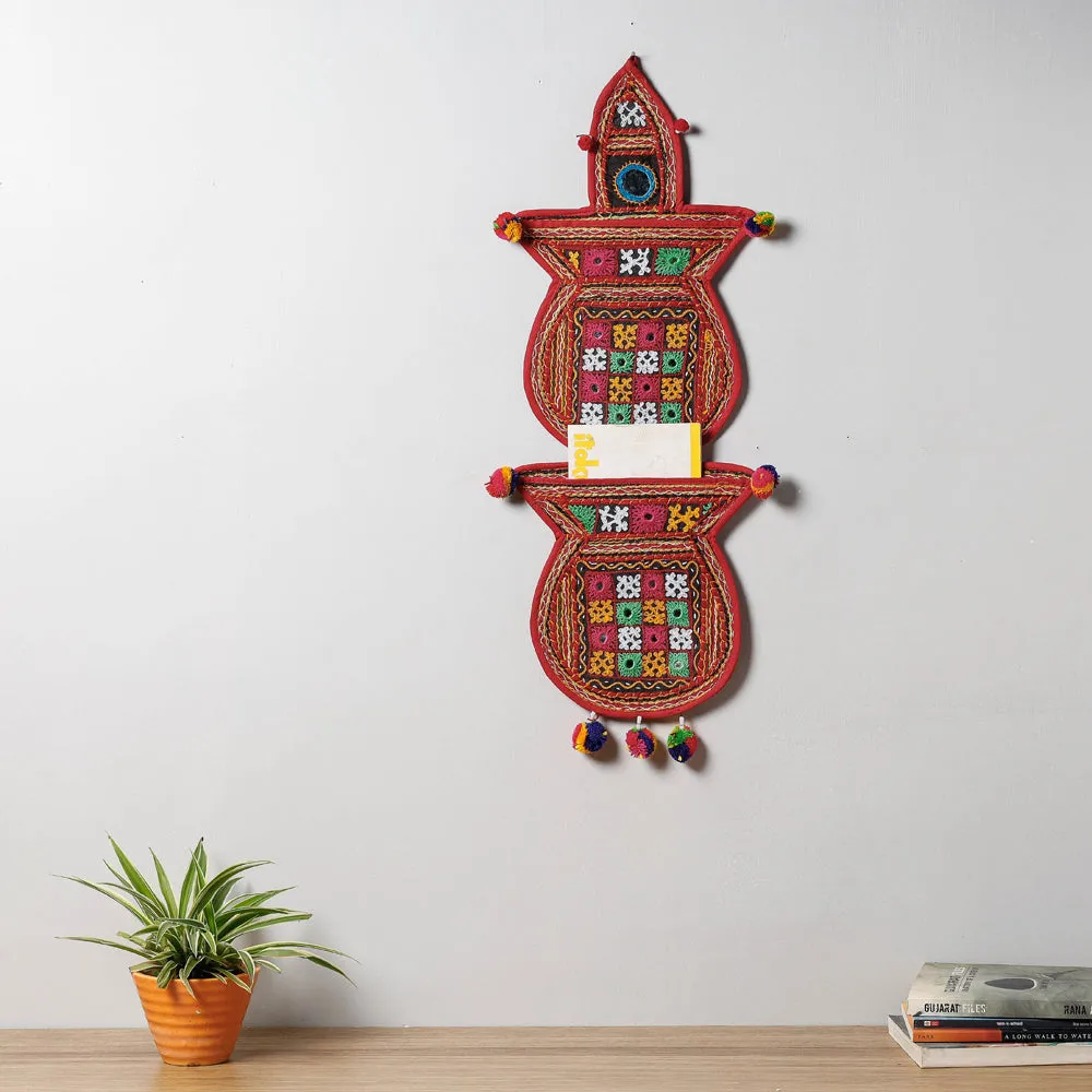 2 Pocket - Mirror Work Kutch Hand Embroidered Kalash Wall Hanging Letter Holder