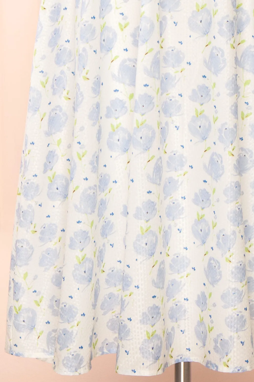 Aisha | Long White Dress w/ Blue Floral Pattern