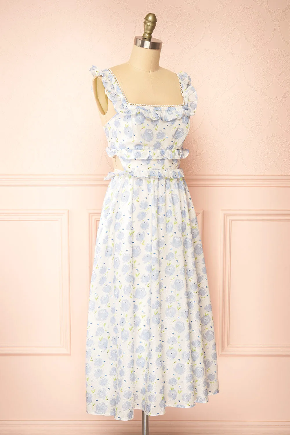 Aisha | Long White Dress w/ Blue Floral Pattern