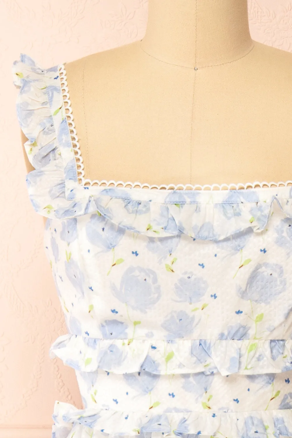 Aisha | Long White Dress w/ Blue Floral Pattern