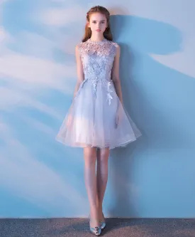 Aline Tulle Lace Short Gray Prom Dress, Gray Lace Homecoming Dress