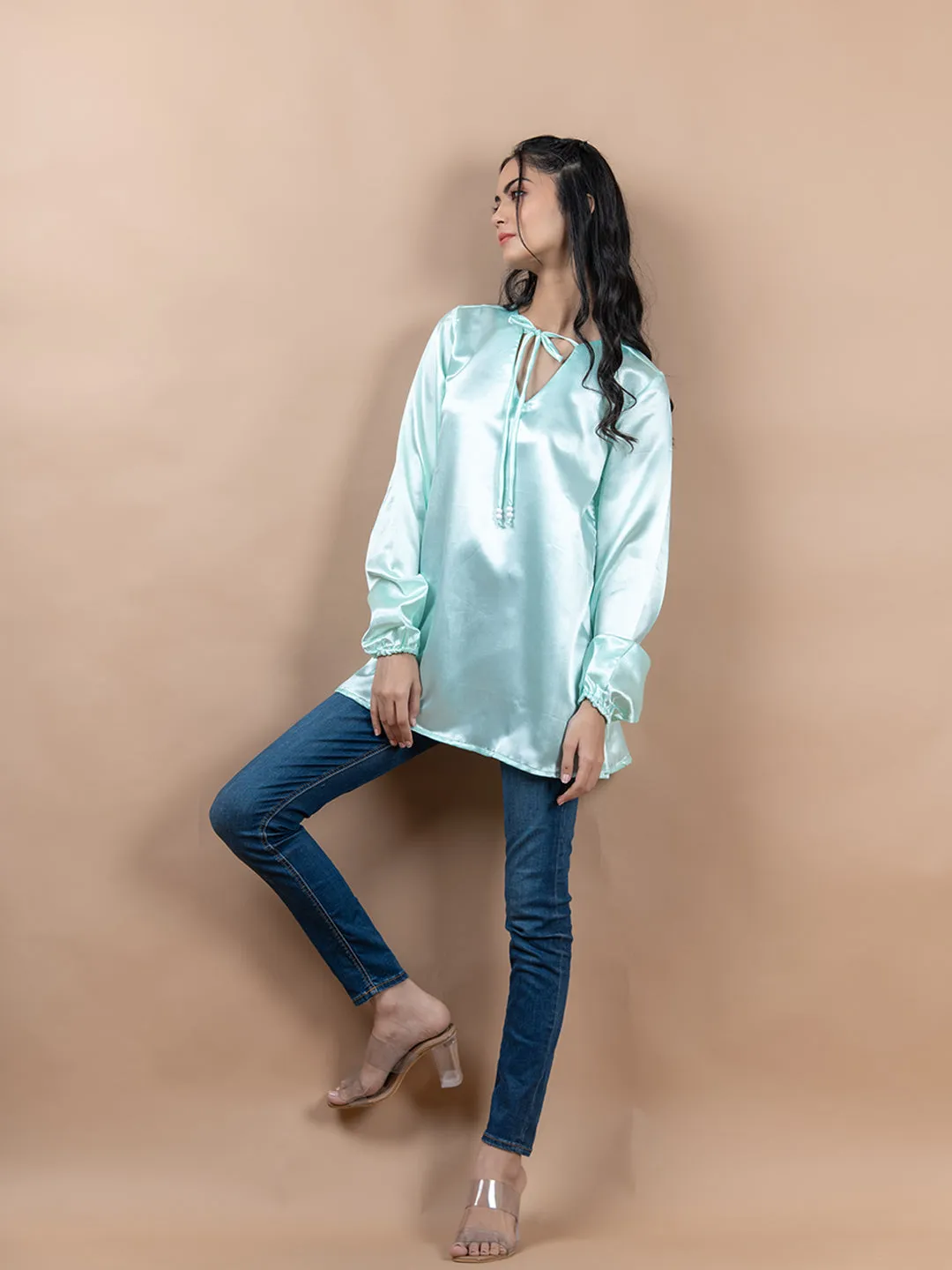 Aqua Satin Full Sleeves Top