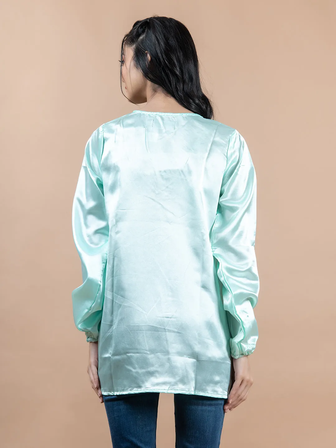 Aqua Satin Full Sleeves Top
