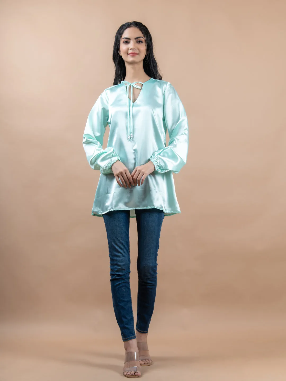 Aqua Satin Full Sleeves Top