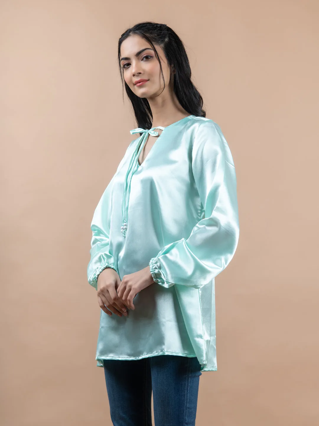 Aqua Satin Full Sleeves Top