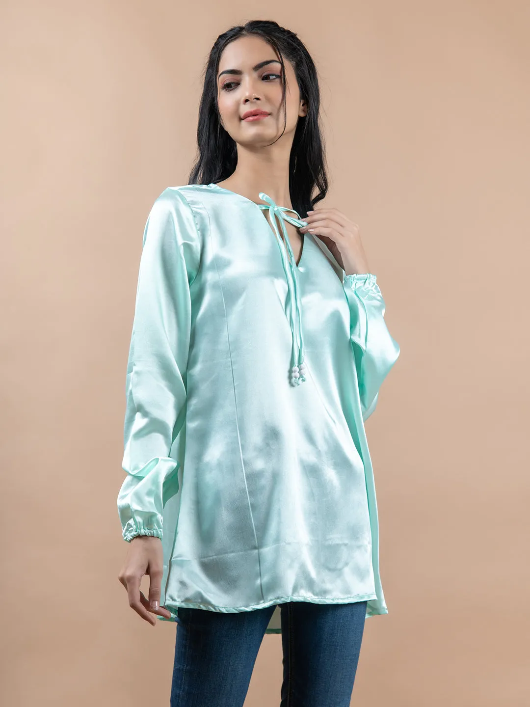 Aqua Satin Full Sleeves Top