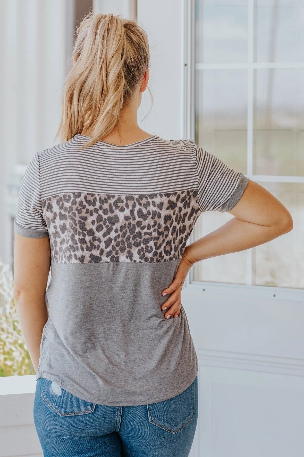 Better Than You Know Color Block Leopard Print Short Sleeve Top in Gray