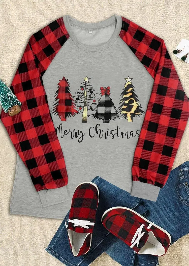 Binshre Merry Christmas Shirts for Women Christmas Tree Sweatshirts Funny Plaid Holiday T Shirt Snowflake Long Sleeve Tops