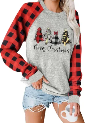 Binshre Merry Christmas Shirts for Women Christmas Tree Sweatshirts Funny Plaid Holiday T Shirt Snowflake Long Sleeve Tops