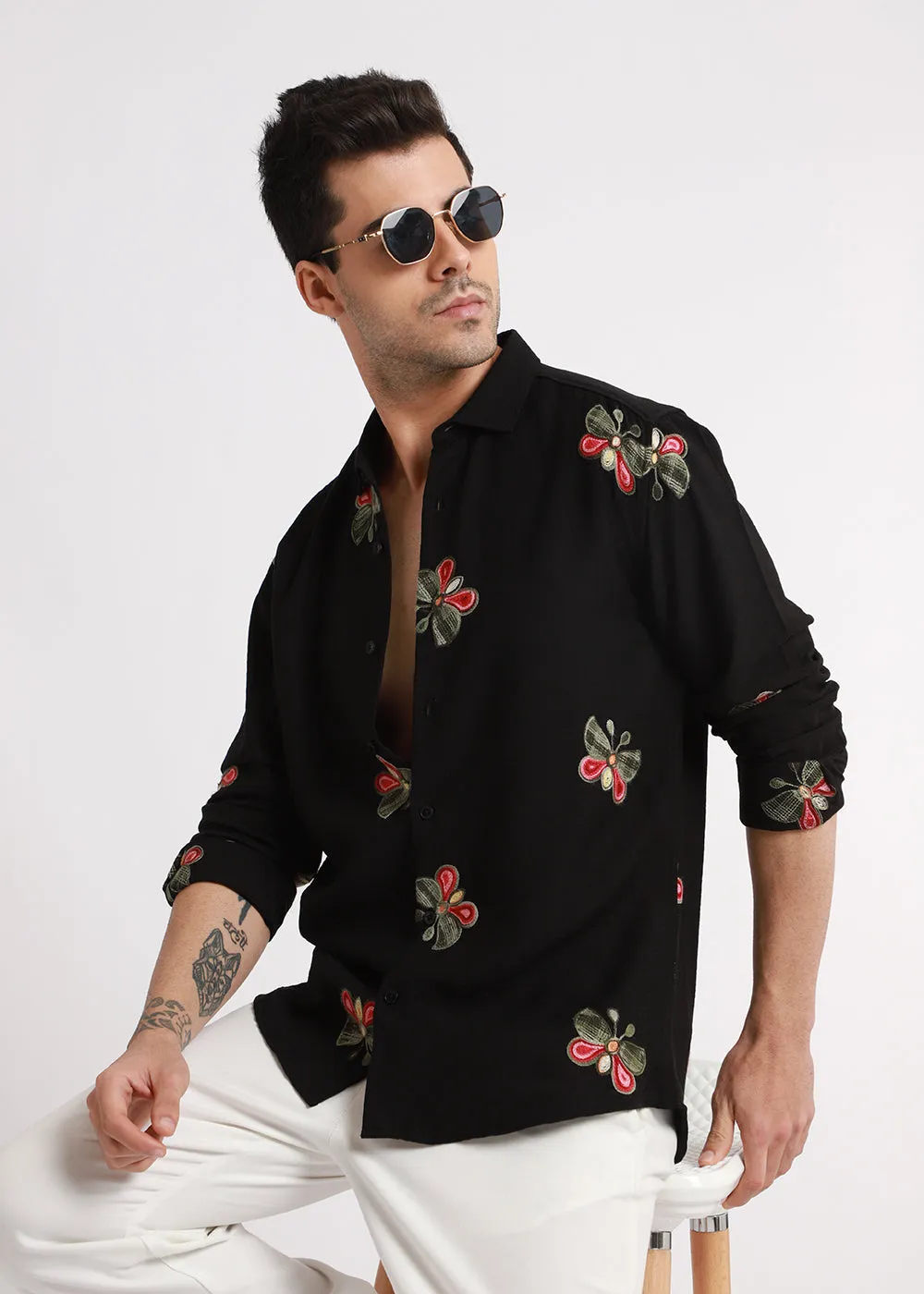 Black Butterfly Embroidered Shirt