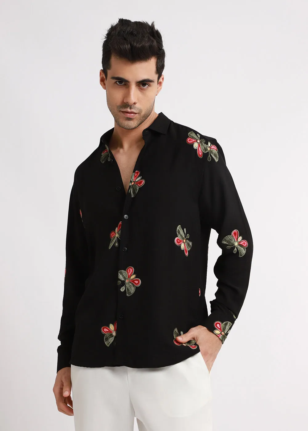 Black Butterfly Embroidered Shirt