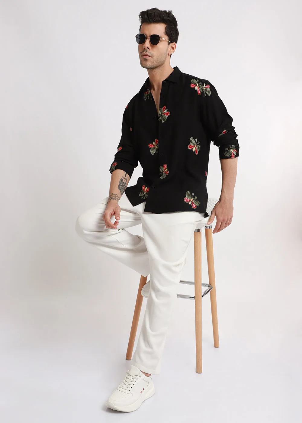 Black Butterfly Embroidered Shirt
