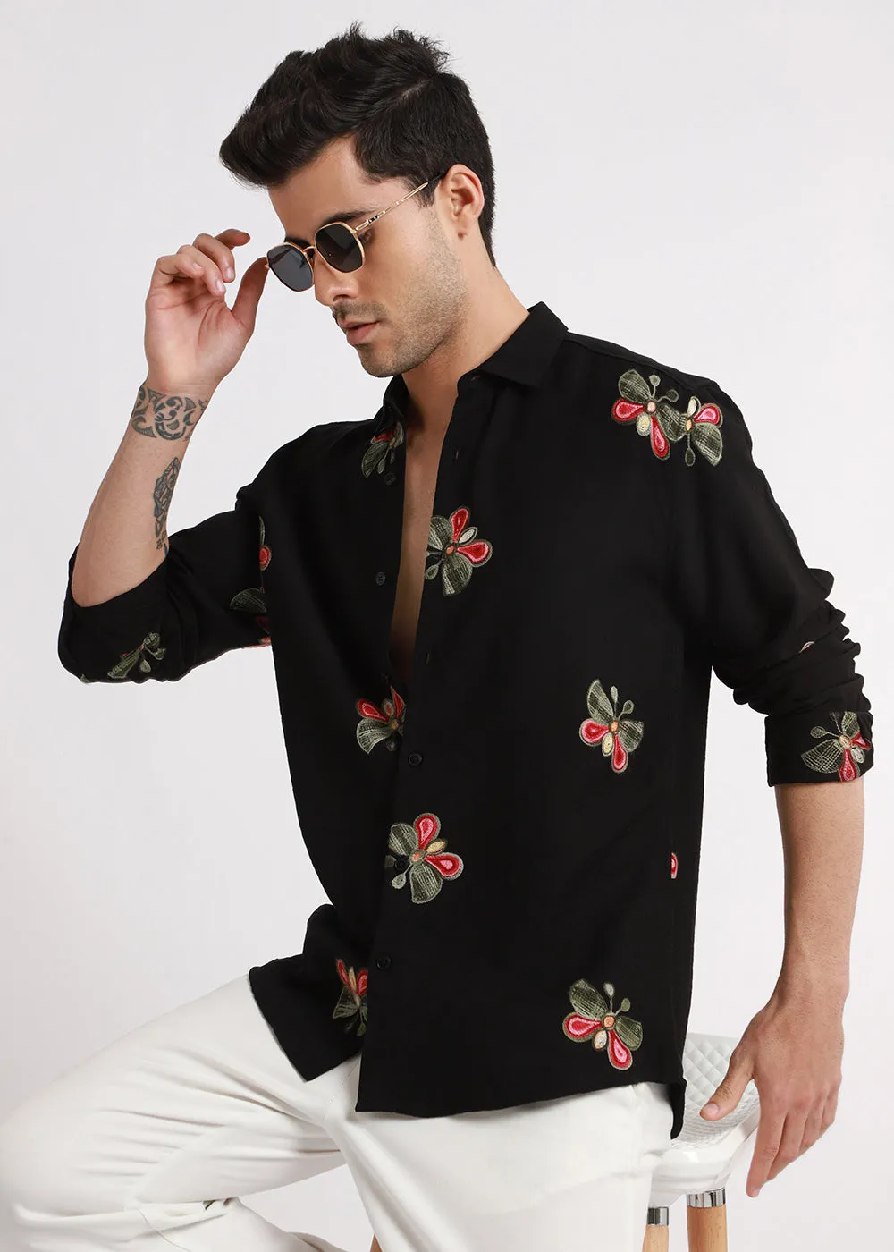 Black Butterfly Embroidered Shirt