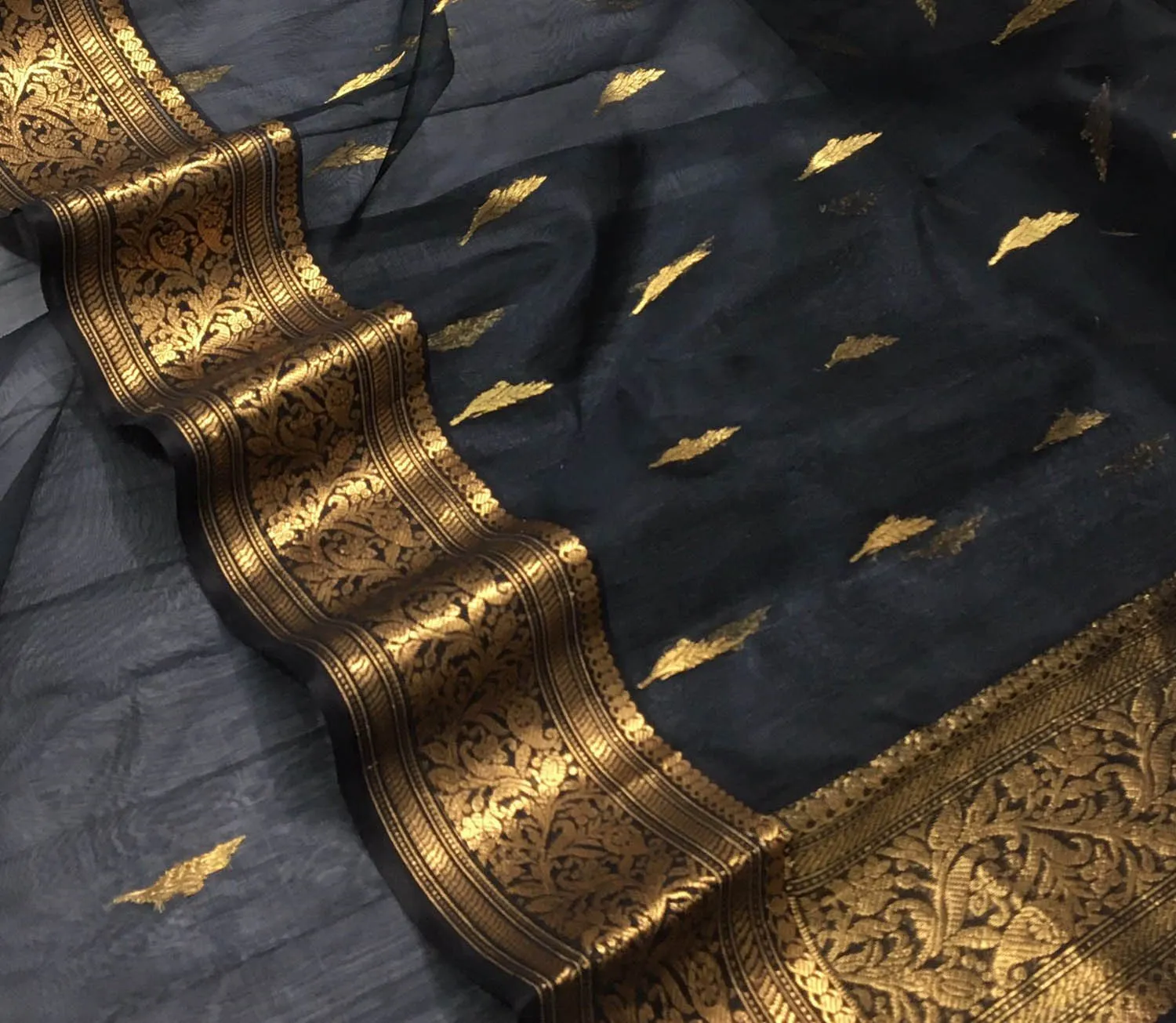 Black Chanderi Handloom Pure Katan Silk Saree