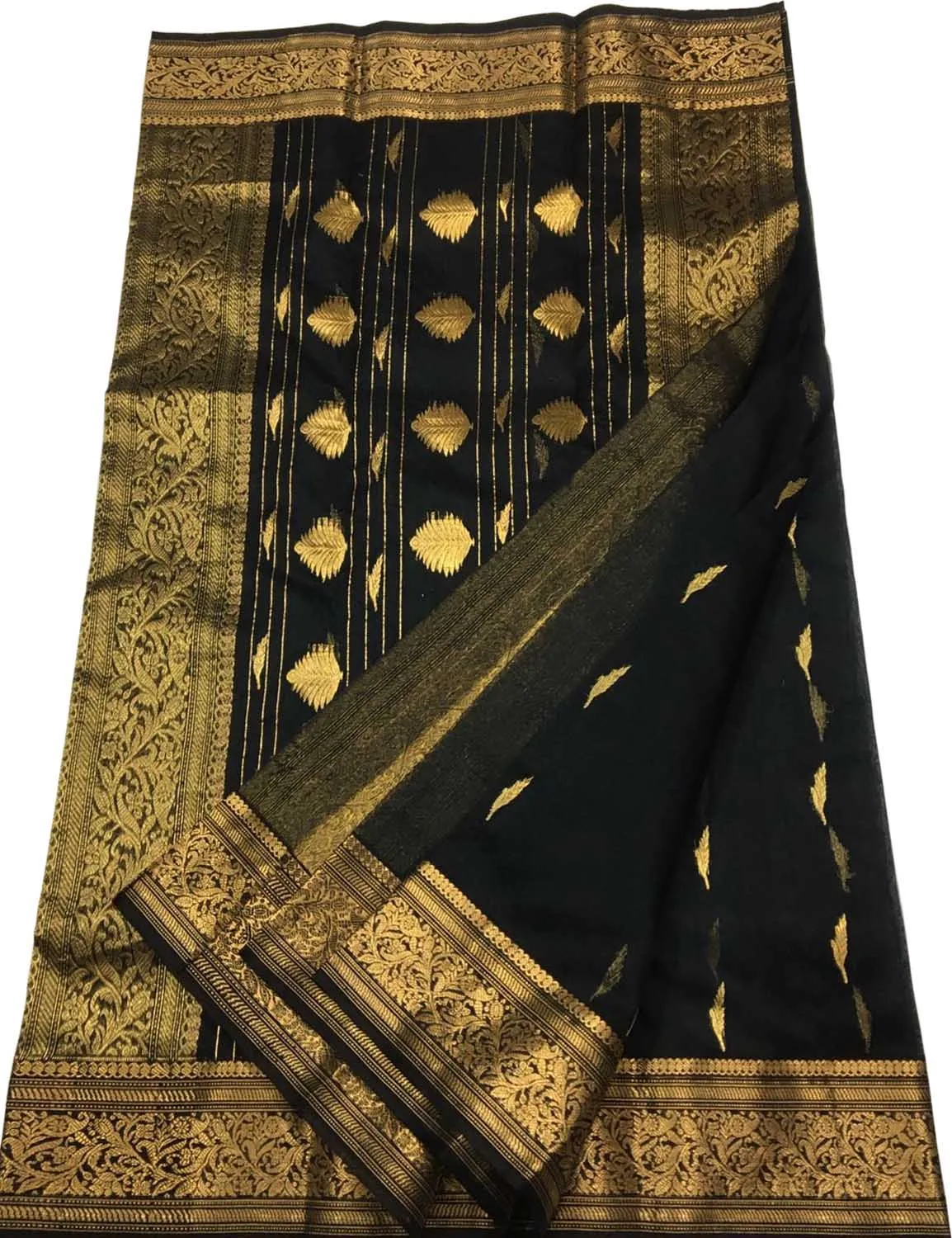 Black Chanderi Handloom Pure Katan Silk Saree