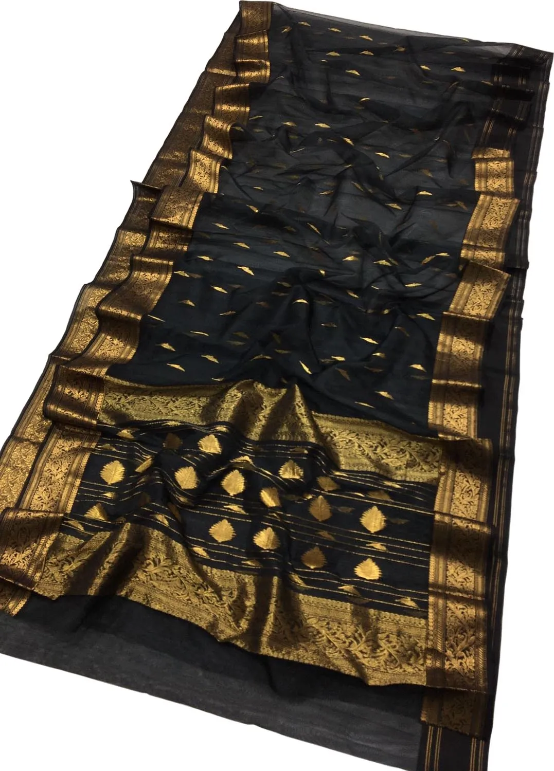 Black Chanderi Handloom Pure Katan Silk Saree