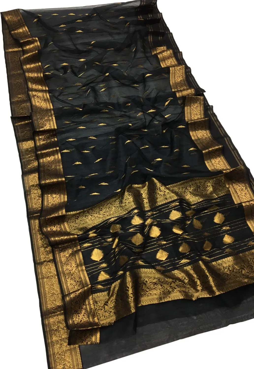 Black Chanderi Handloom Pure Katan Silk Saree