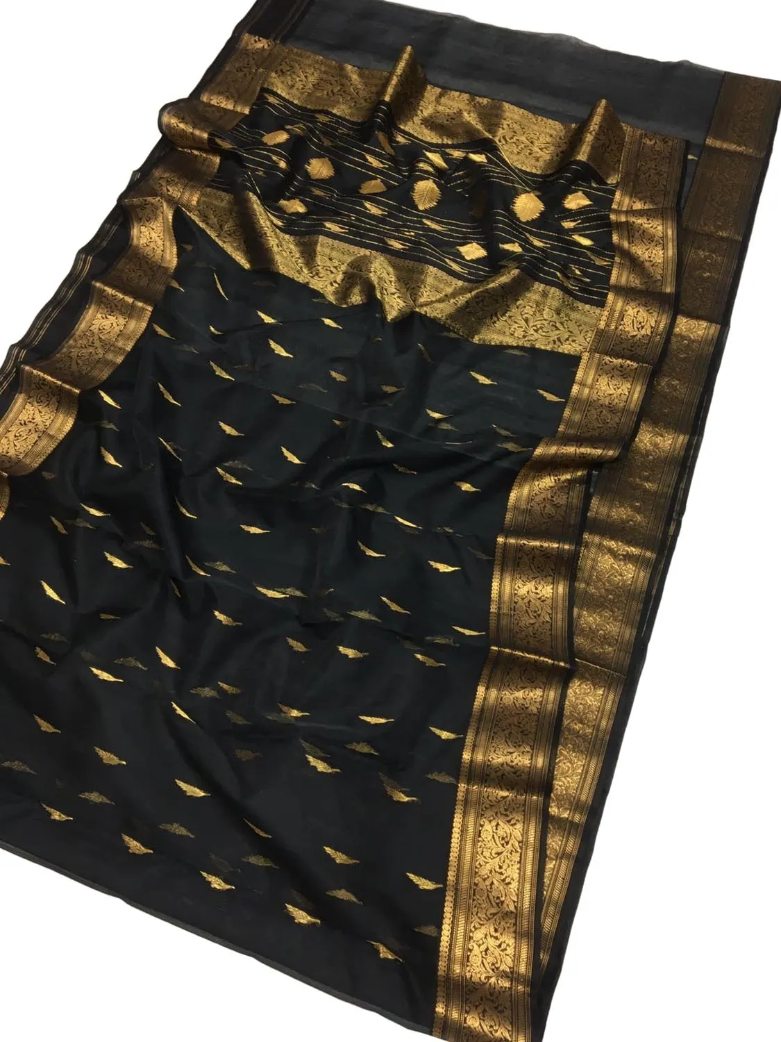 Black Chanderi Handloom Pure Katan Silk Saree