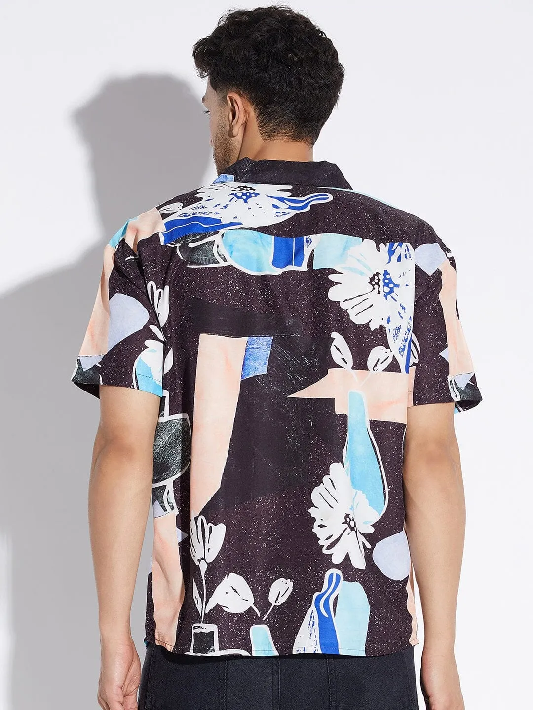 Black Floral Print Cuban Shirt