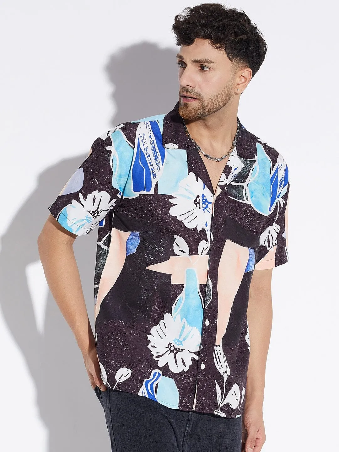 Black Floral Print Cuban Shirt