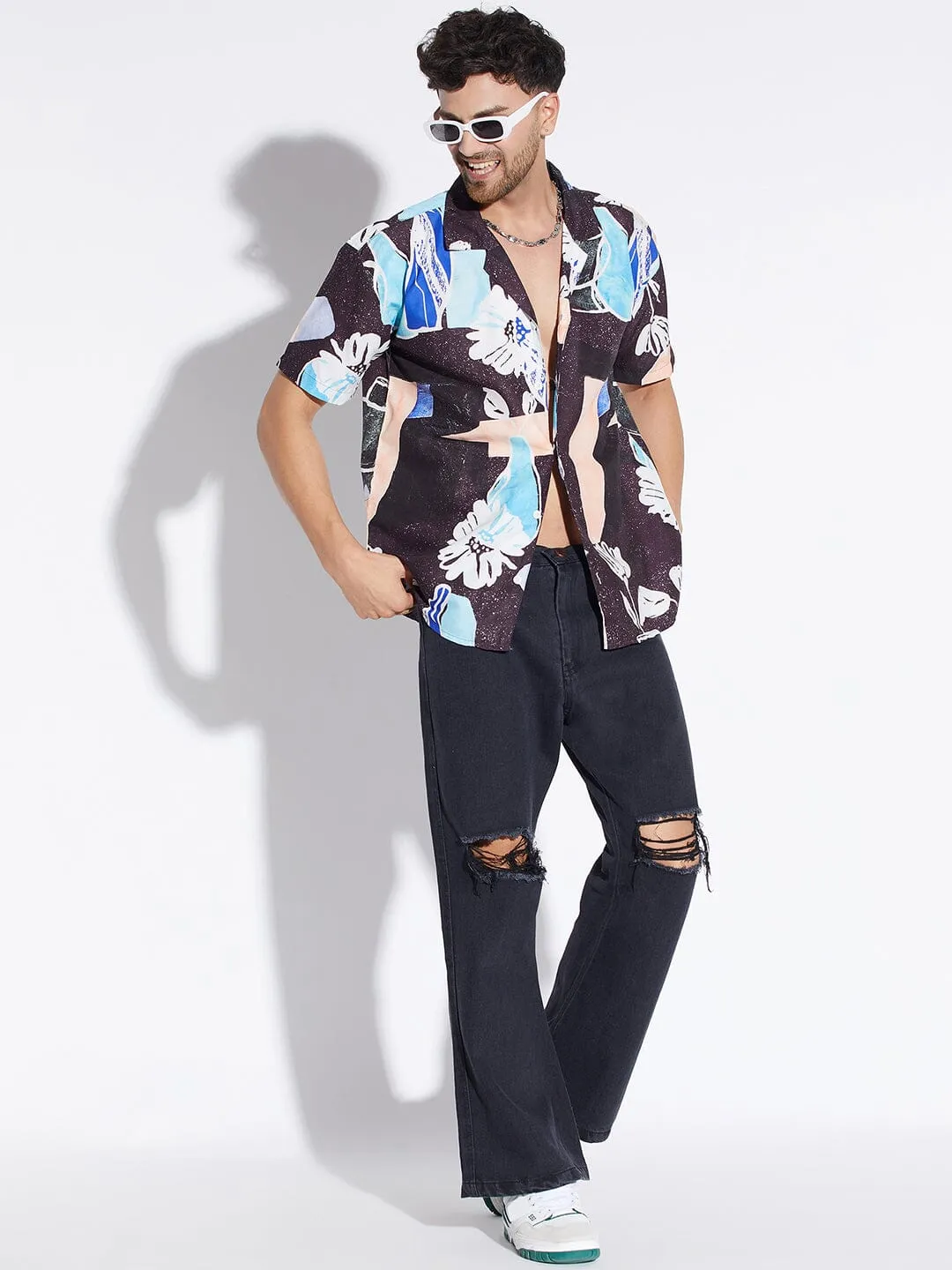 Black Floral Print Cuban Shirt