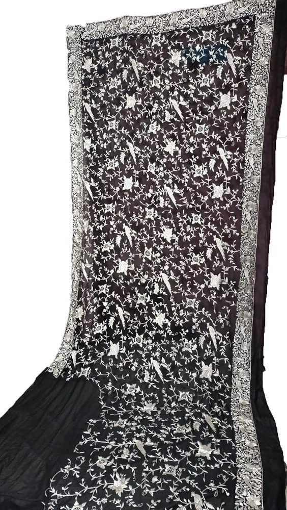Black Hand Embroidered Parsi Gara Pure Georgette Floral And Bird Design Saree