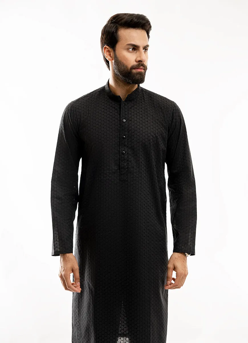 Black Self Embroidered Schiffli Cotton Kurta