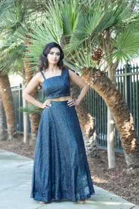 Blue Fusion Lehenga and Crop Top Set  with Sequin Embroidery