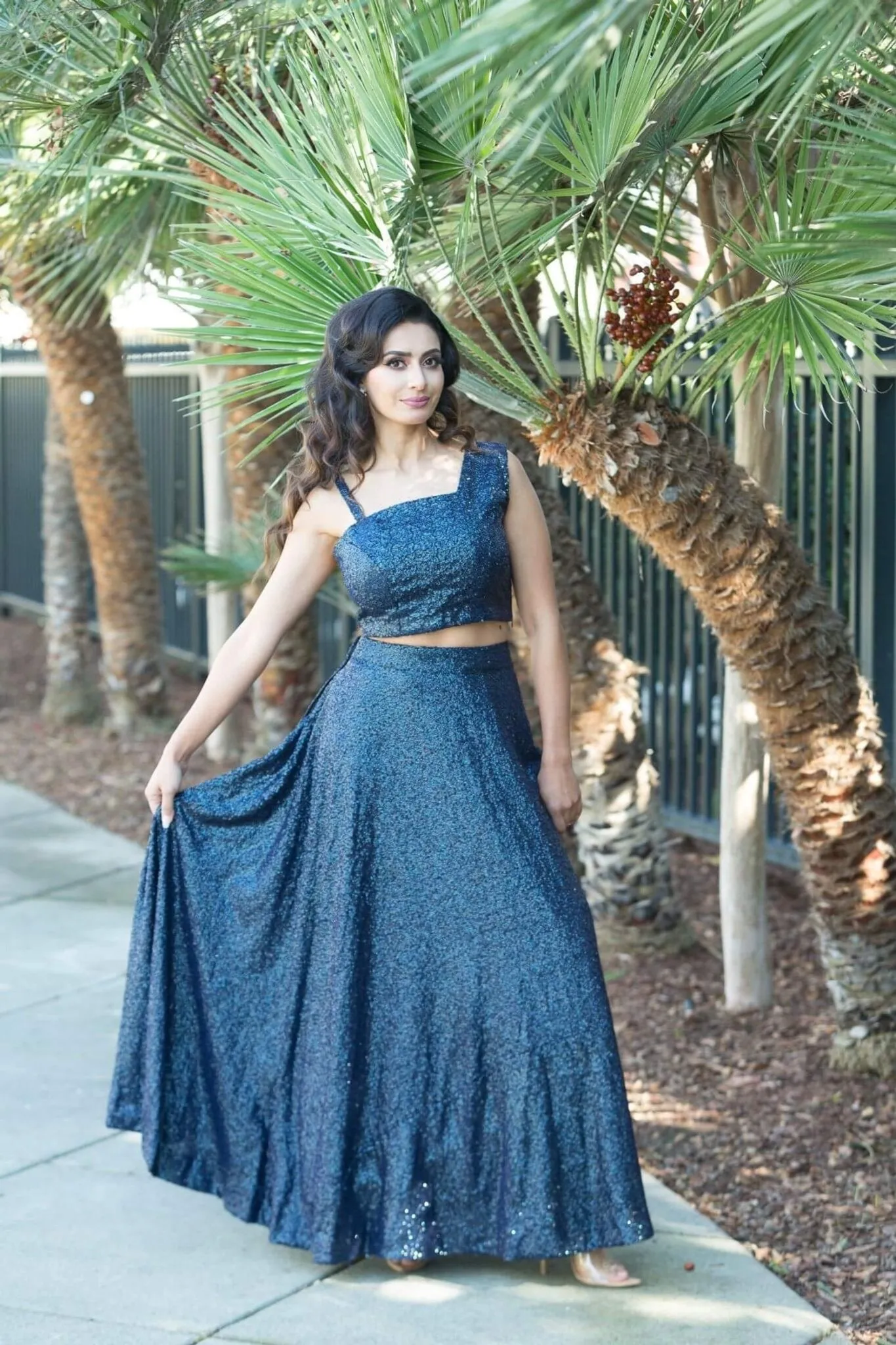 Blue Fusion Lehenga and Crop Top Set  with Sequin Embroidery