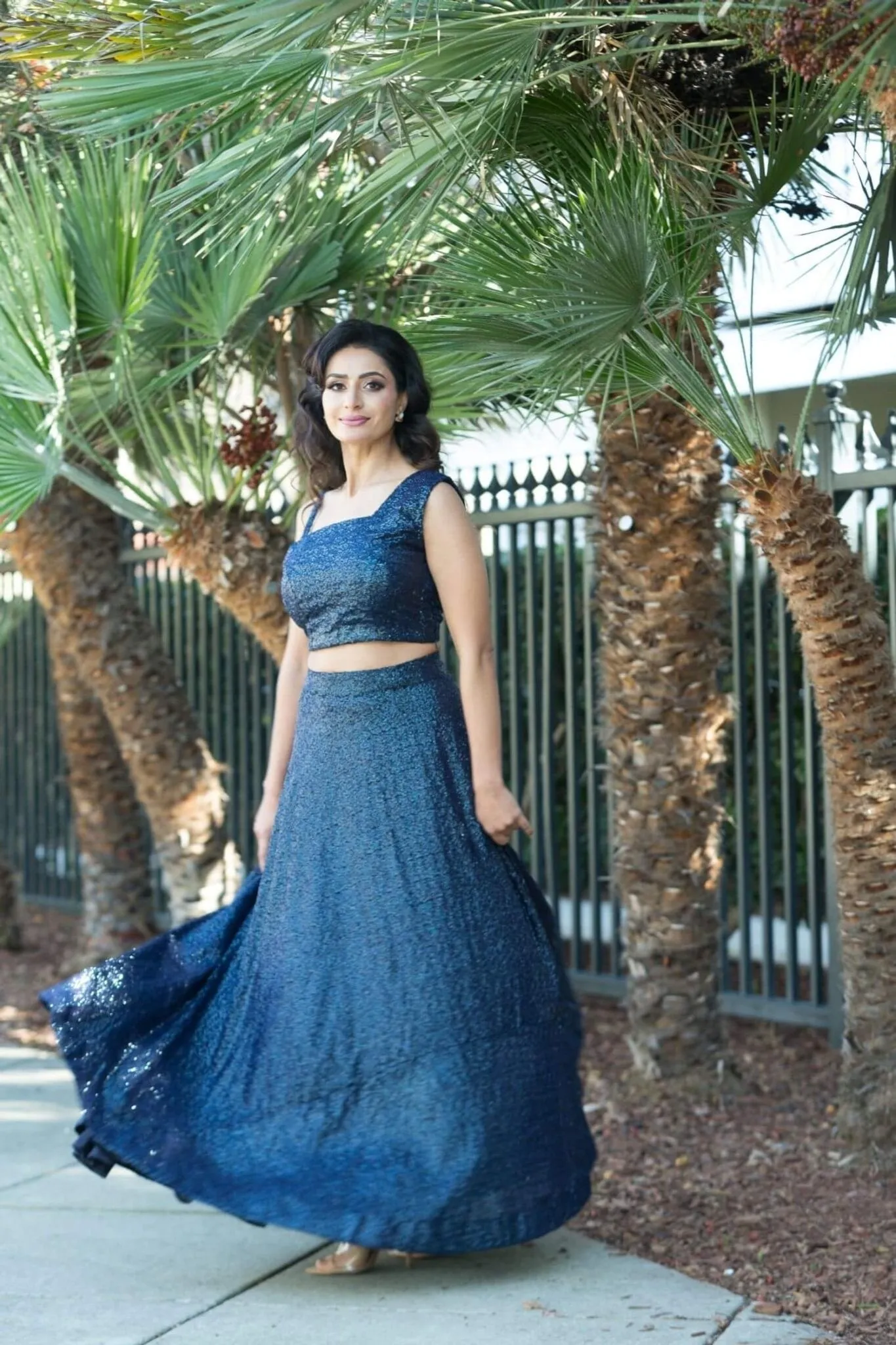 Blue Fusion Lehenga and Crop Top Set  with Sequin Embroidery