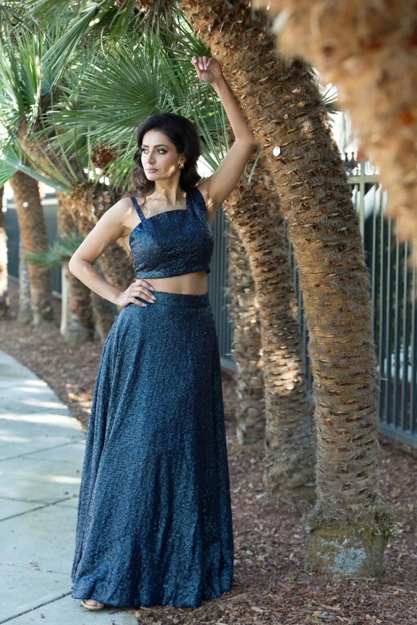 Blue Fusion Lehenga and Crop Top Set  with Sequin Embroidery