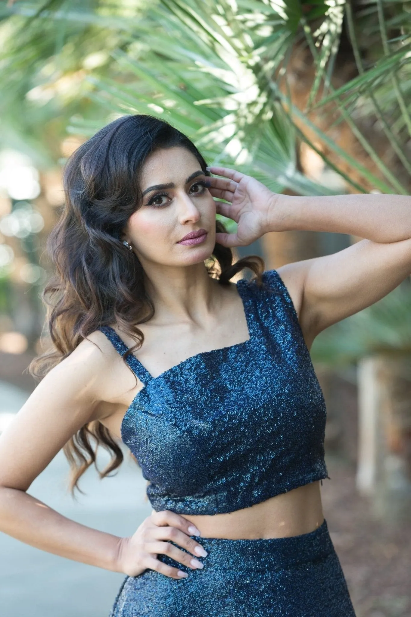 Blue Fusion Lehenga and Crop Top Set  with Sequin Embroidery