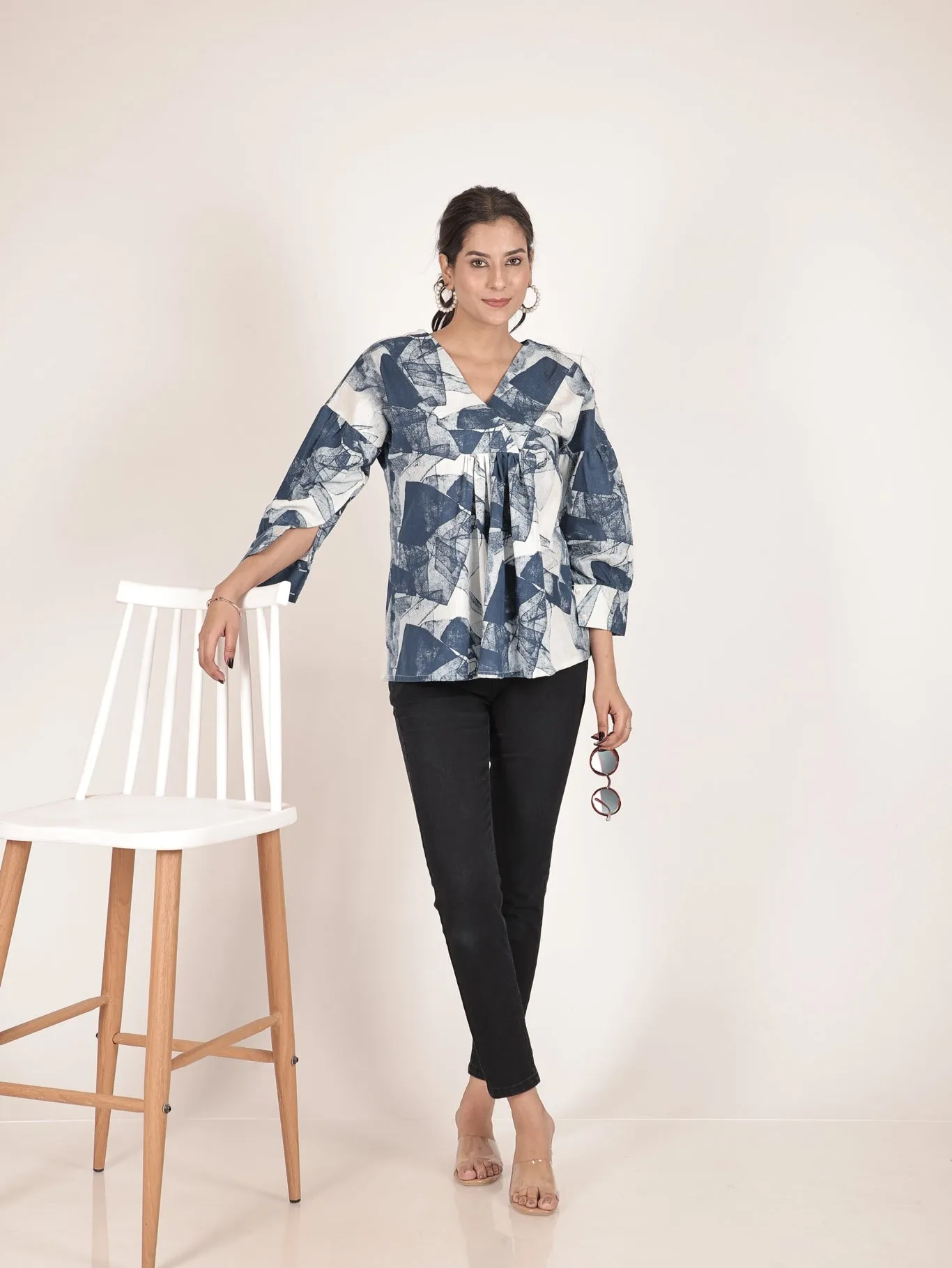 Blue Indigo Cotton V-Neck Top