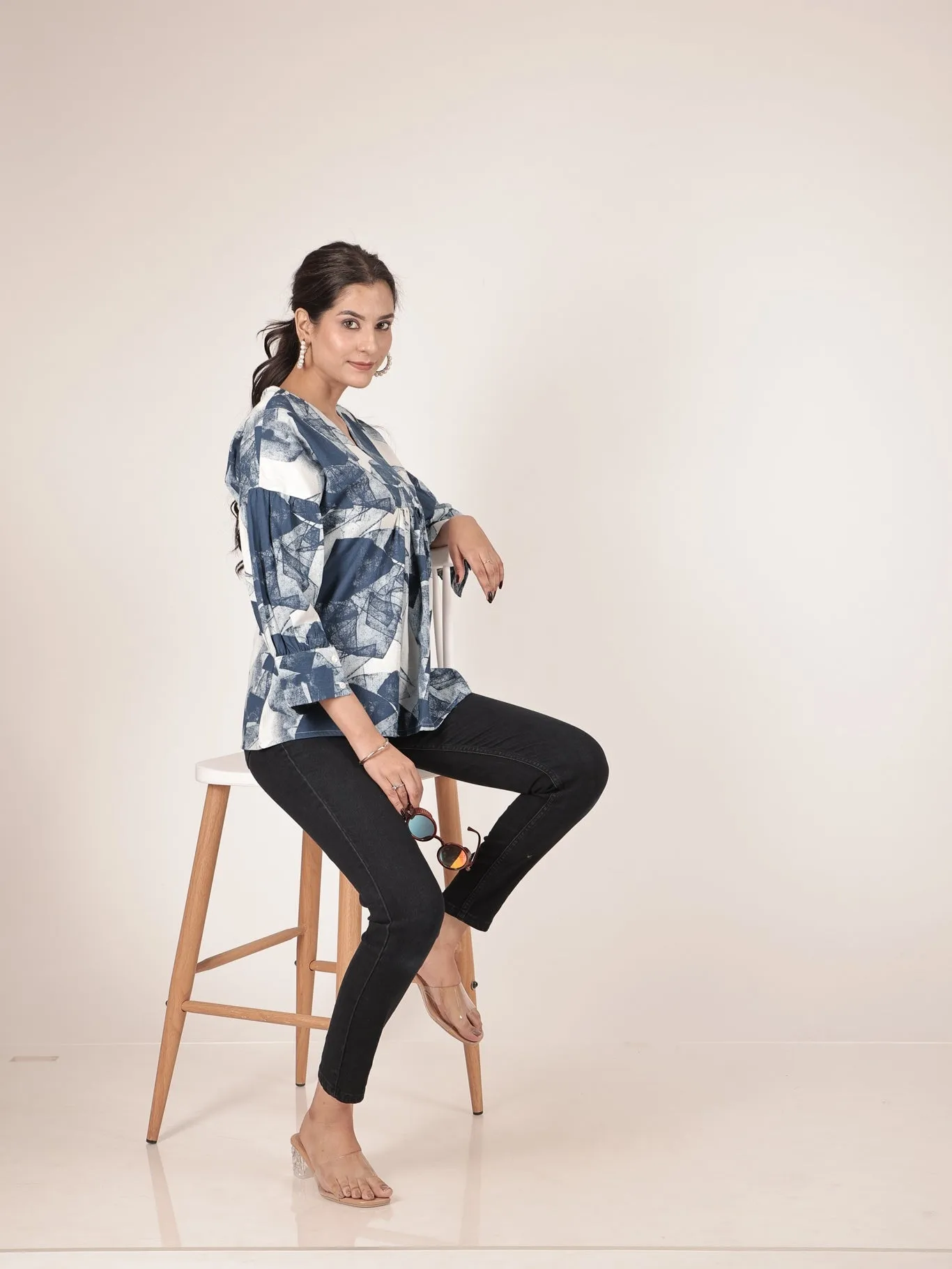 Blue Indigo Cotton V-Neck Top