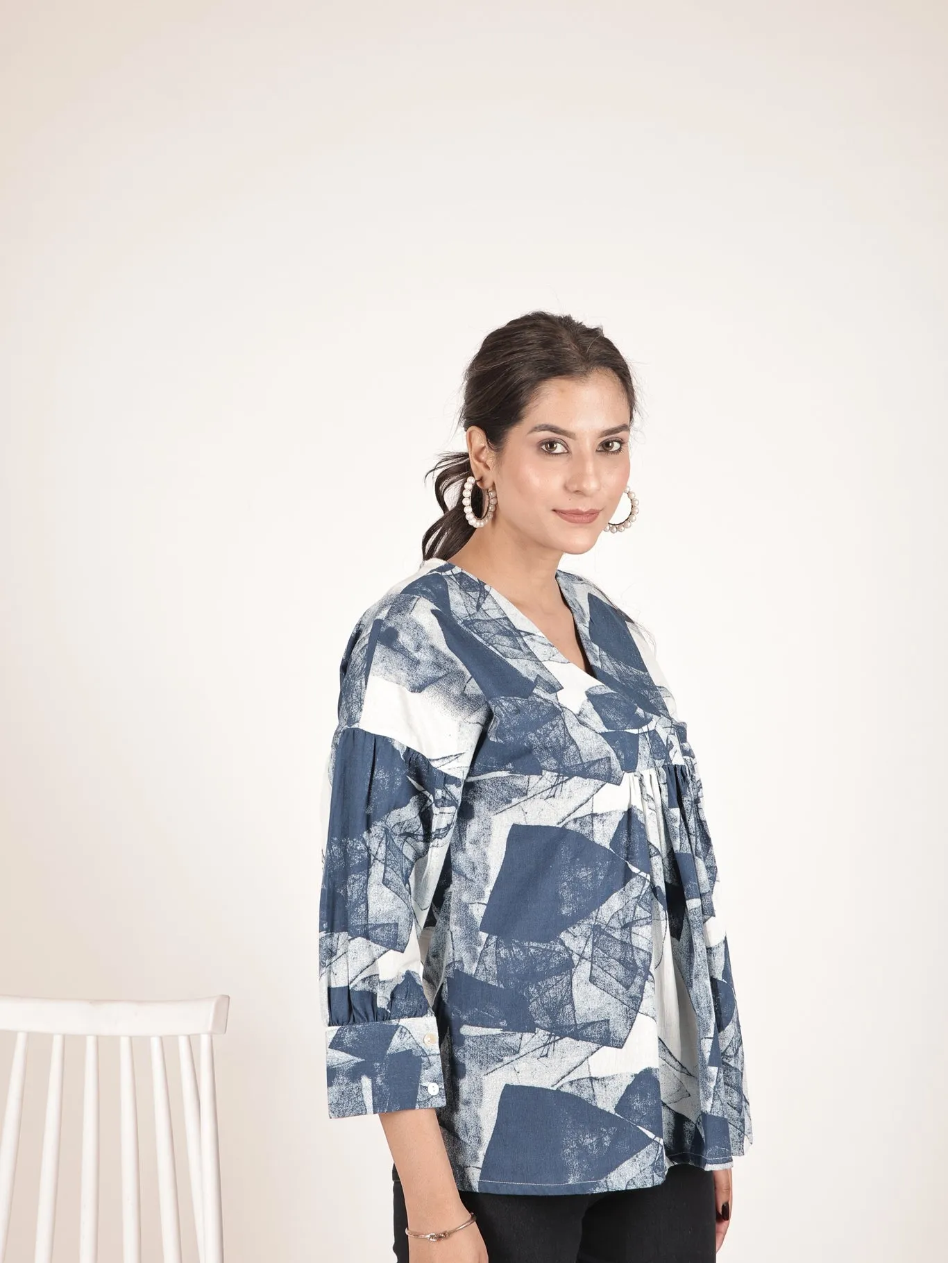 Blue Indigo Cotton V-Neck Top