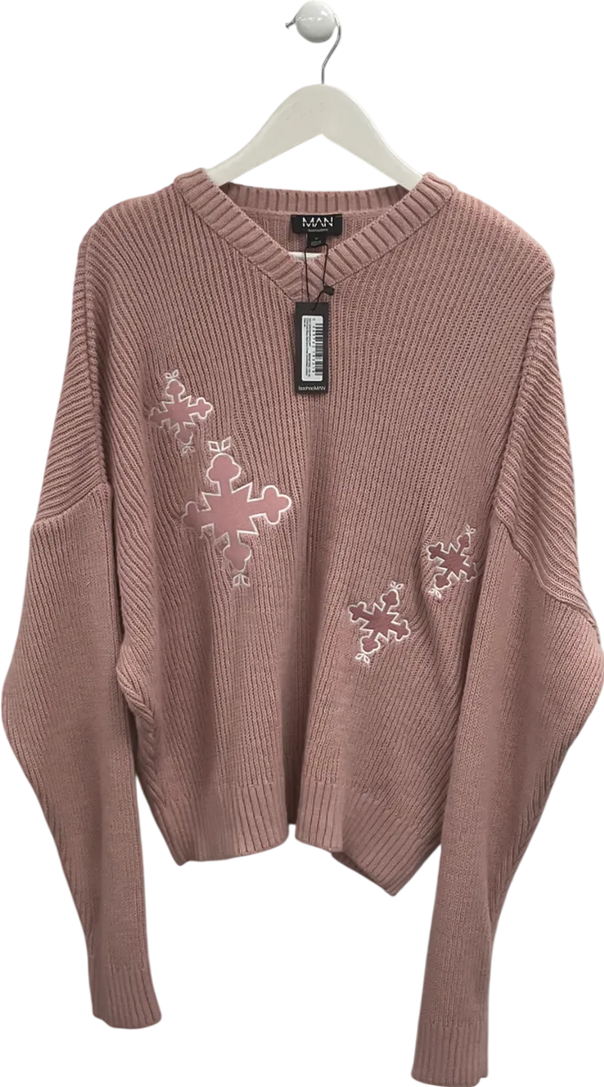 boohooMan Pink Oversized Boxy Appliqué Cross Embroidered UK M