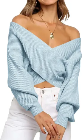 BTFBM Women Casual V Neck Long Sleeve Sweaters Cross Wrap Front Off Shoulder Asymmetric Hem Knitted Crop Solid Pullover
