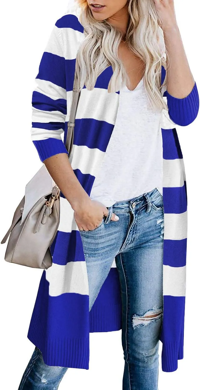 CARDYDONY Women's Long Cardigan Open Front Color Block Cardigan Knit Sweaters