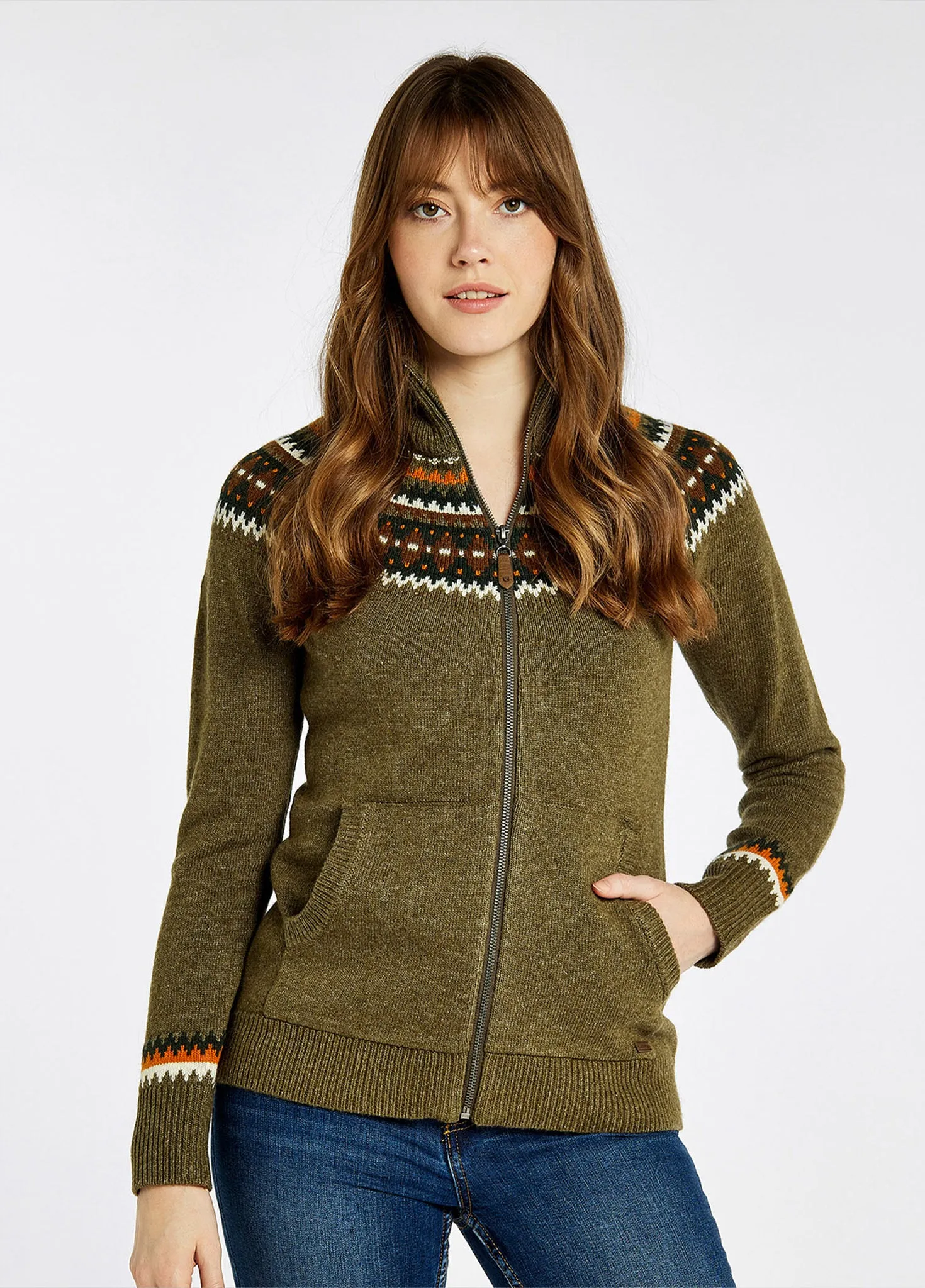 Carrick Fair Isle Zip Sweater - Dusky Green - Size EU36