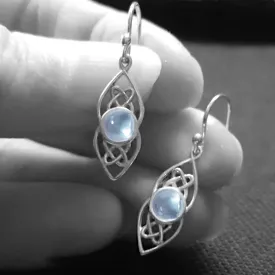 Dainty Blue Topaz Celtic Dangle Earrings, Sterling Silver