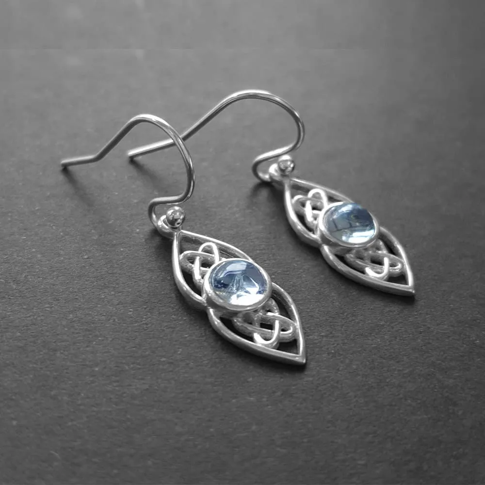 Dainty Blue Topaz Celtic Dangle Earrings, Sterling Silver