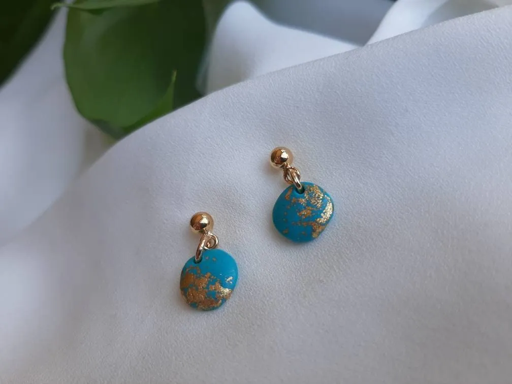 Dúil Dainty blue and gold dangling earrings || small earrings || handmade in Ireland || polymer clay earrings || lightweight earrings