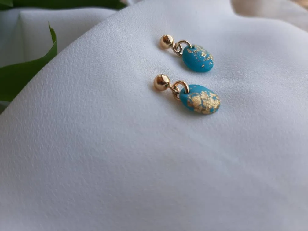 Dúil Dainty blue and gold dangling earrings || small earrings || handmade in Ireland || polymer clay earrings || lightweight earrings