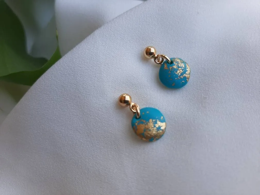 Dúil Dainty blue and gold dangling earrings || small earrings || handmade in Ireland || polymer clay earrings || lightweight earrings
